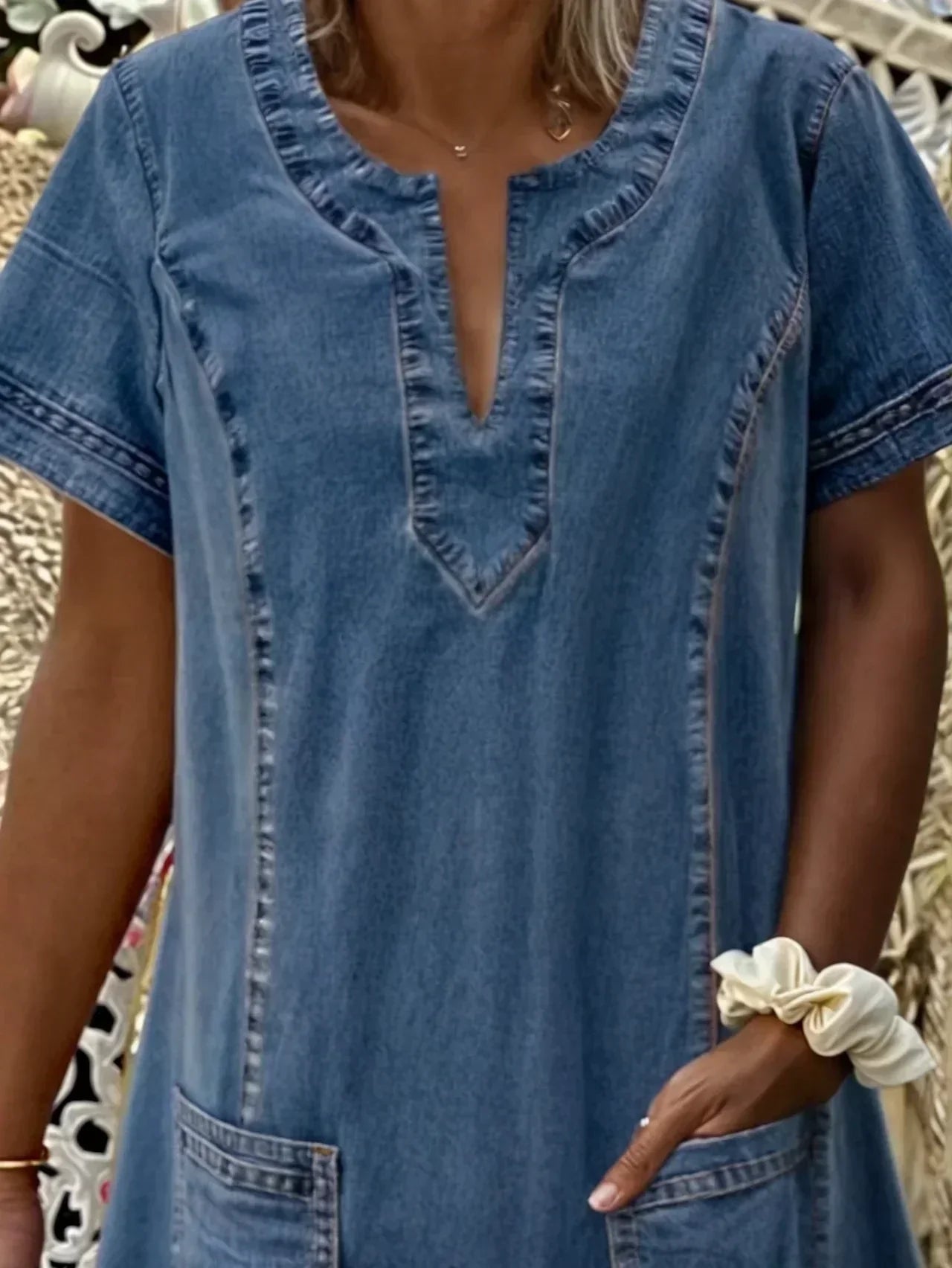 Maren | Women's Denim Shirt Dress Light Blue Short Sleeve Pockets