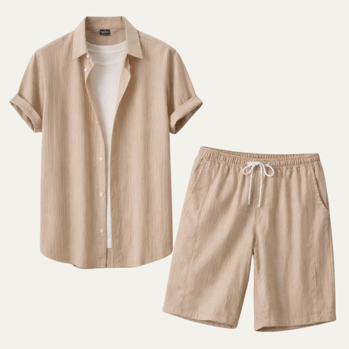 Roan | Men's Casual Linen Button Up Shorts Set Cream