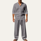 Dama Washington Sage men's linen lounge set cream button up shirt wide leg pants - view 4