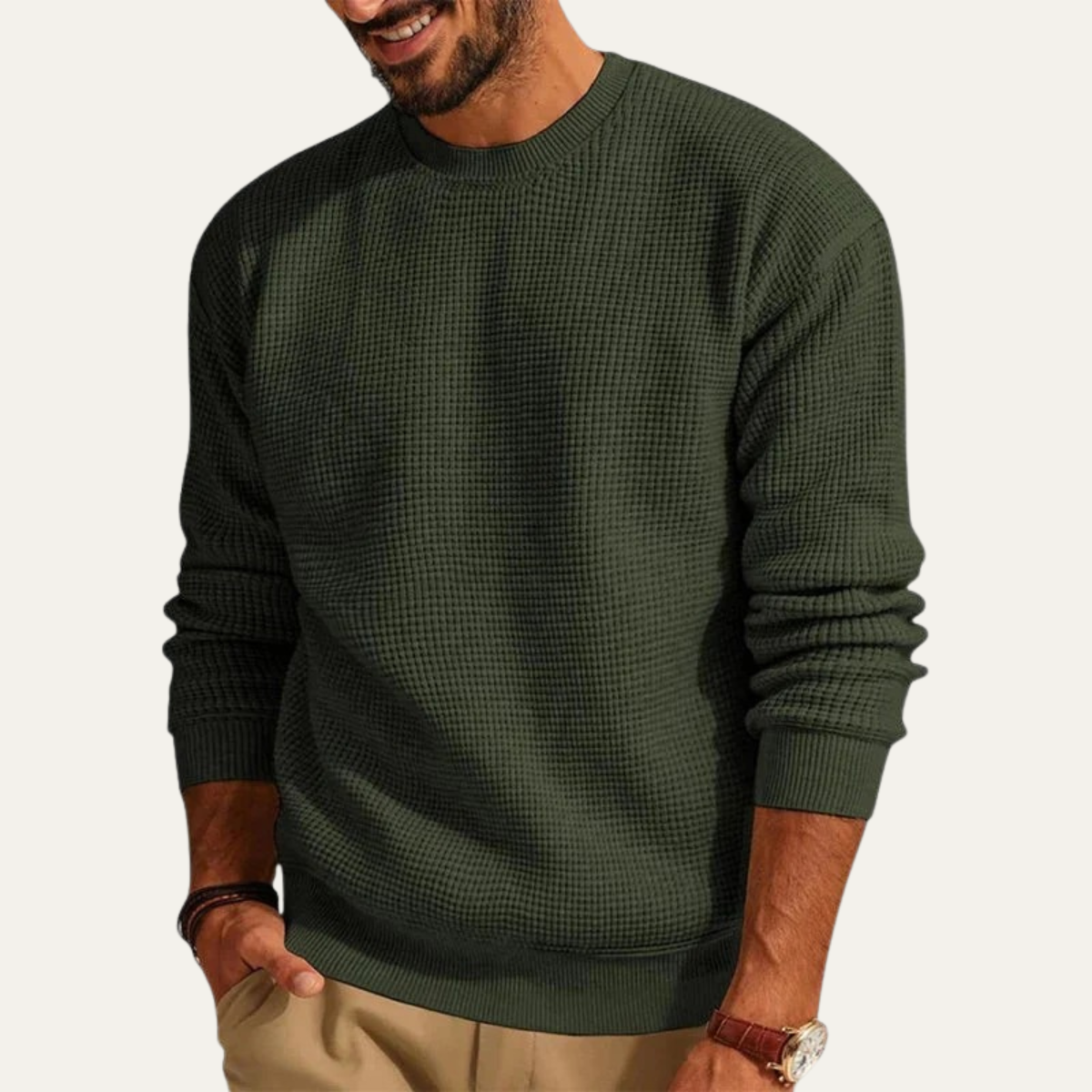 Bram | Men's Crew Neck Sweater Cream Textured Knit