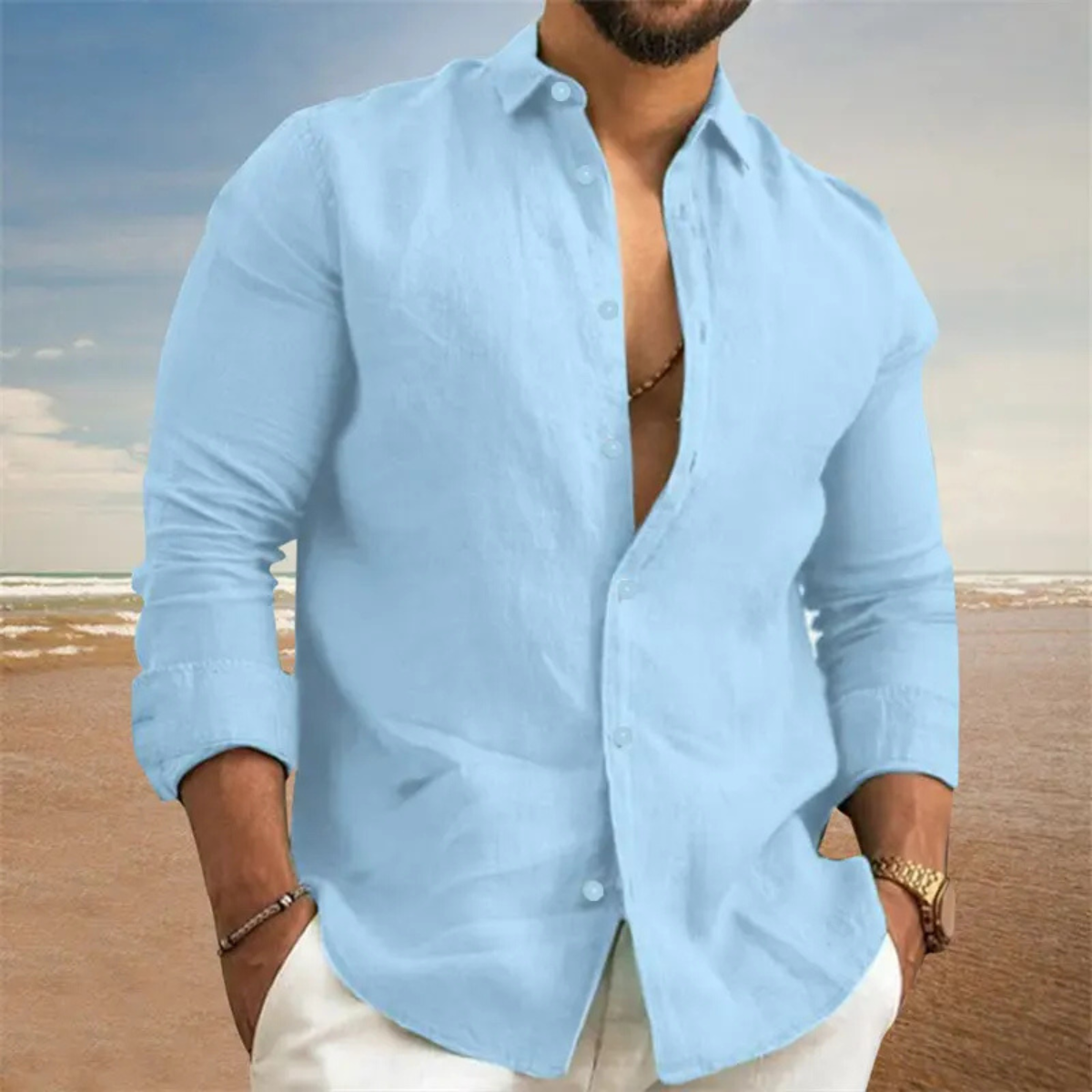 Beau | Men's Linen Button Up Shirt Light Blue Long Sleeve