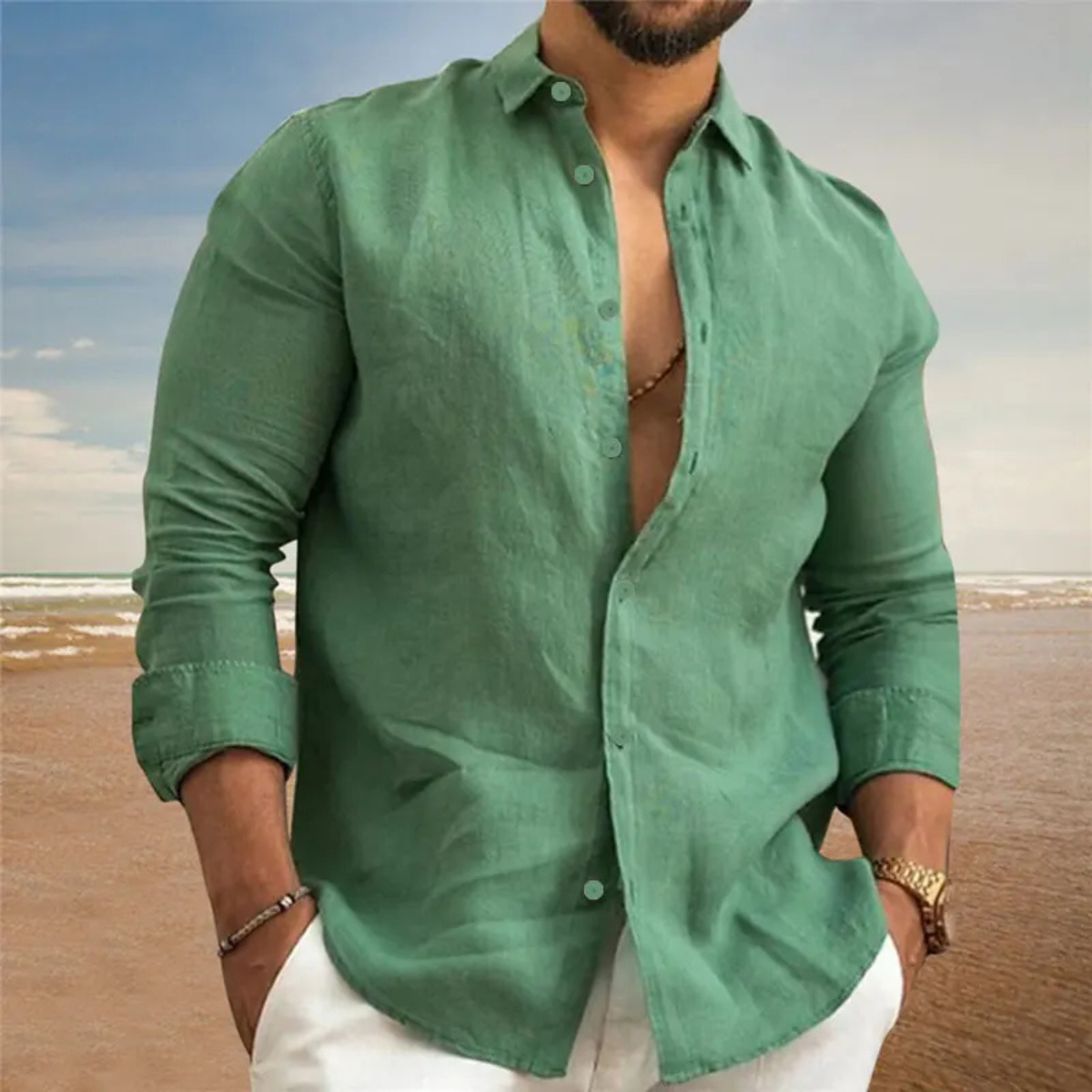 Beau | Men's Linen Button Up Shirt Light Blue Long Sleeve
