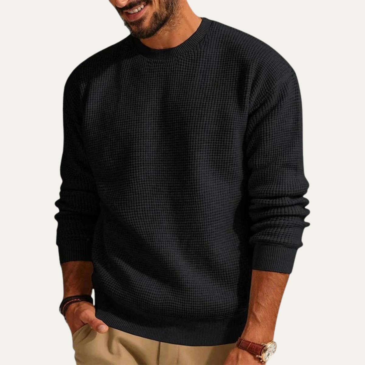 Bram | Men's Crew Neck Sweater Cream Textured Knit