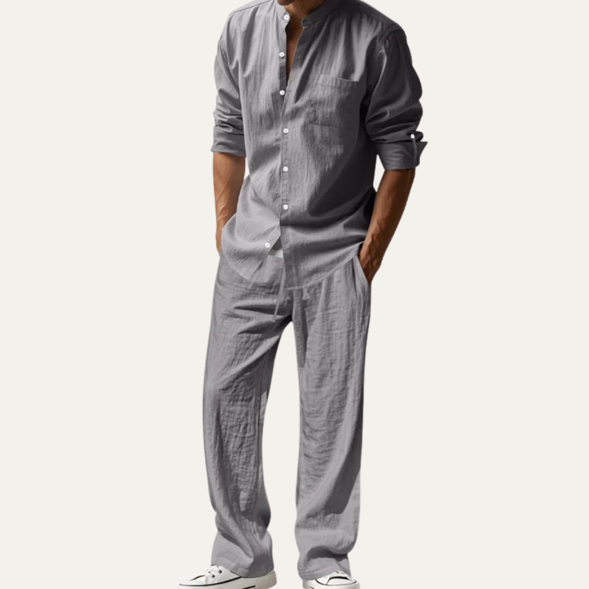 Sage | Men's Linen Lounge Set Cream Button Up Shirt Wide Leg Pants