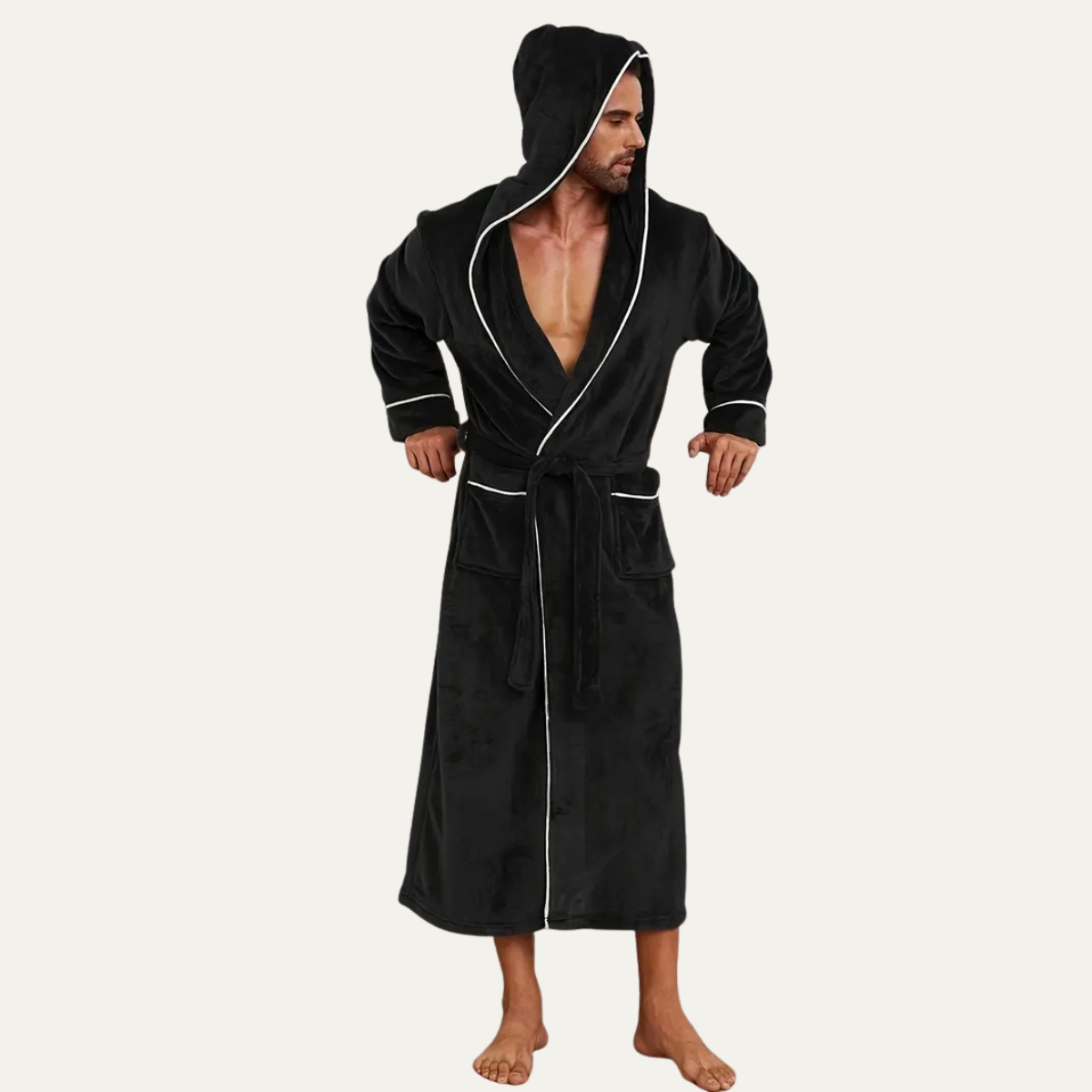 Dama Washington Jude men's hooded fleece robe black long bathrobe - front view