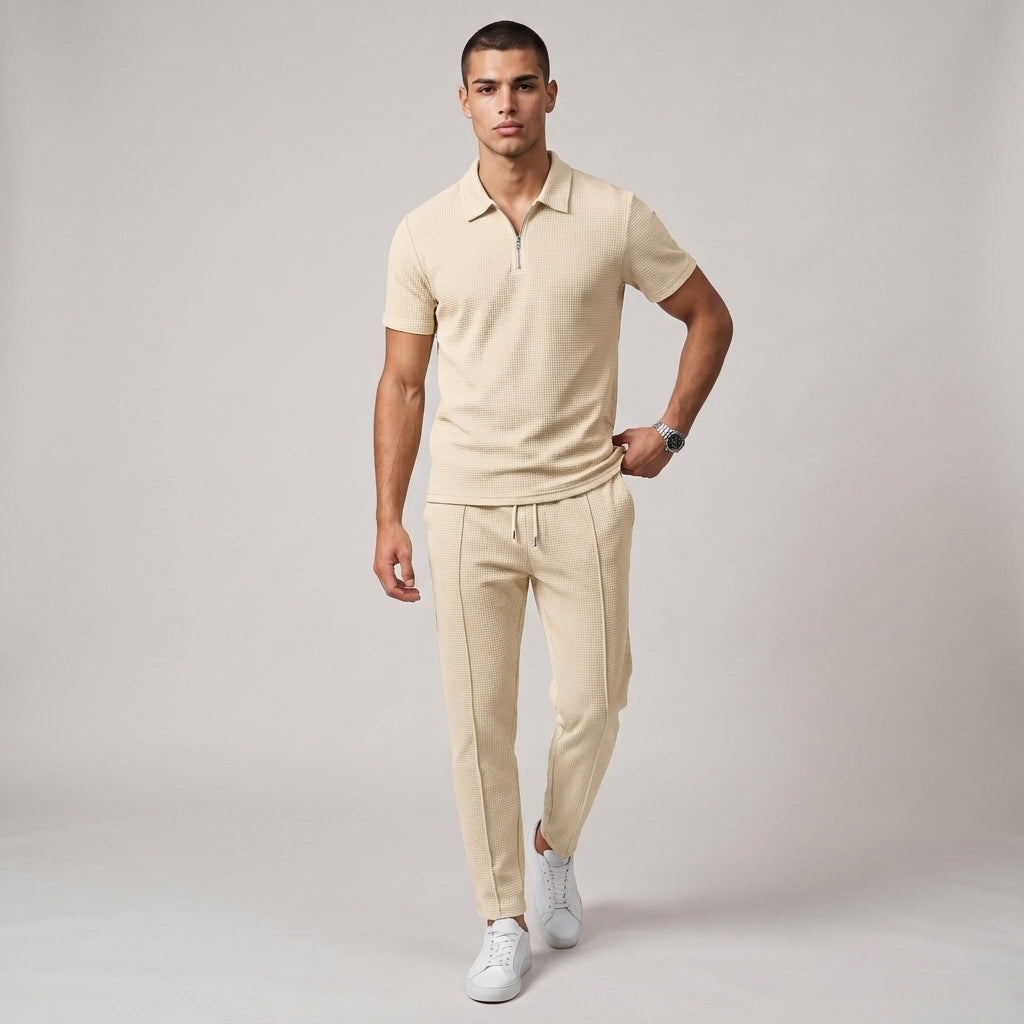 Dama Washington Wyatt waffle knit sweatsuit Beige - full outfit model view
