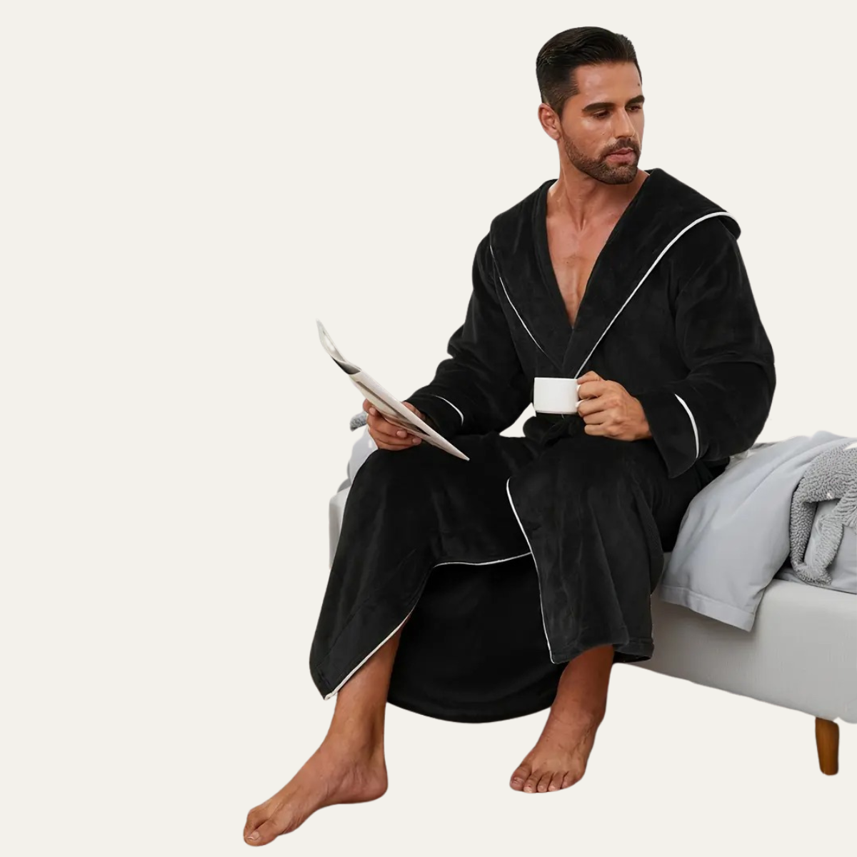 Jude | Men's Hooded Fleece Robe Black Long Bathrobe