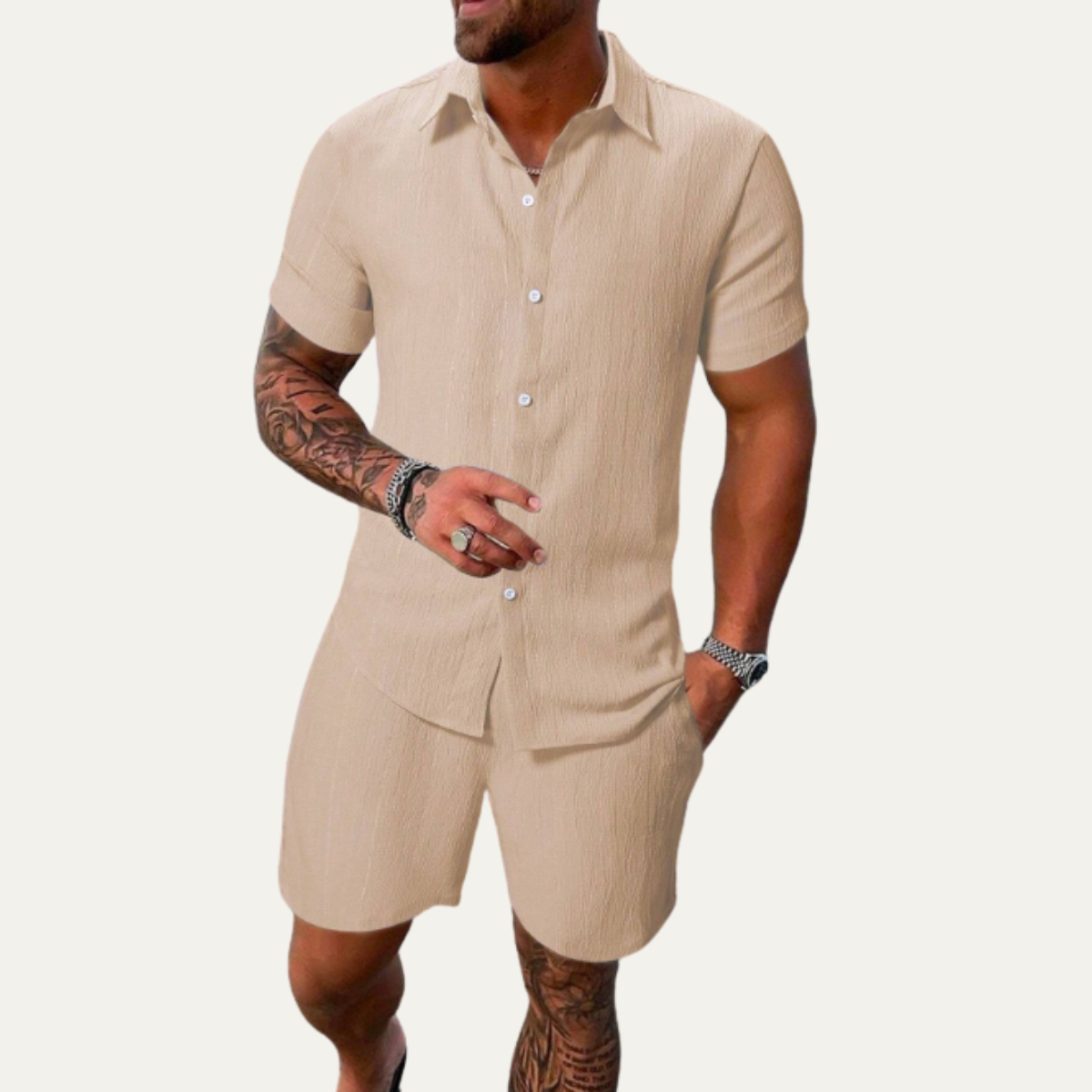 Roan | Men's Casual Linen Button Up Shorts Set Cream
