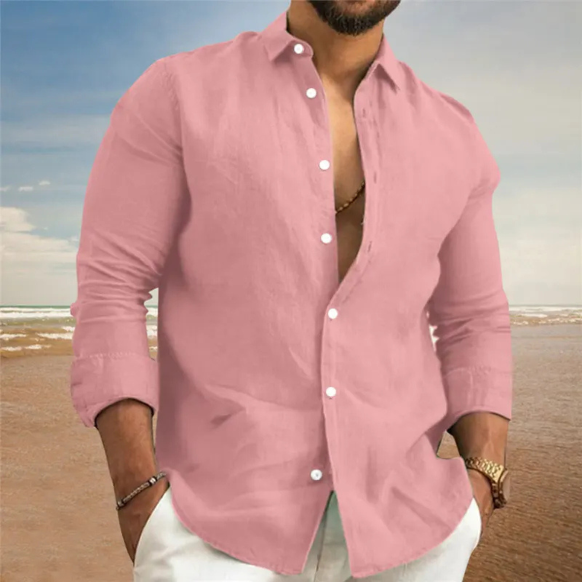 Beau | Men's Linen Button Up Shirt Light Blue Long Sleeve