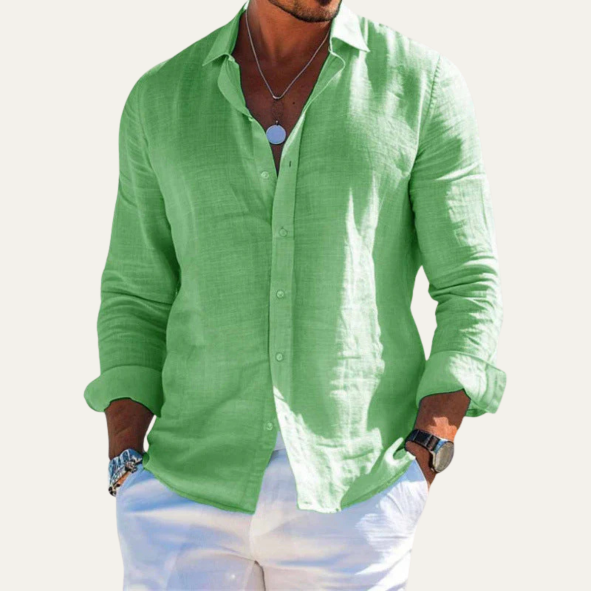 Bram | Men's Linen Shirt Green Long Sleeve Button Up