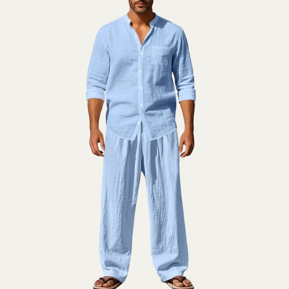 Sage | Men's Linen Lounge Set Cream Button Up Shirt Wide Leg Pants
