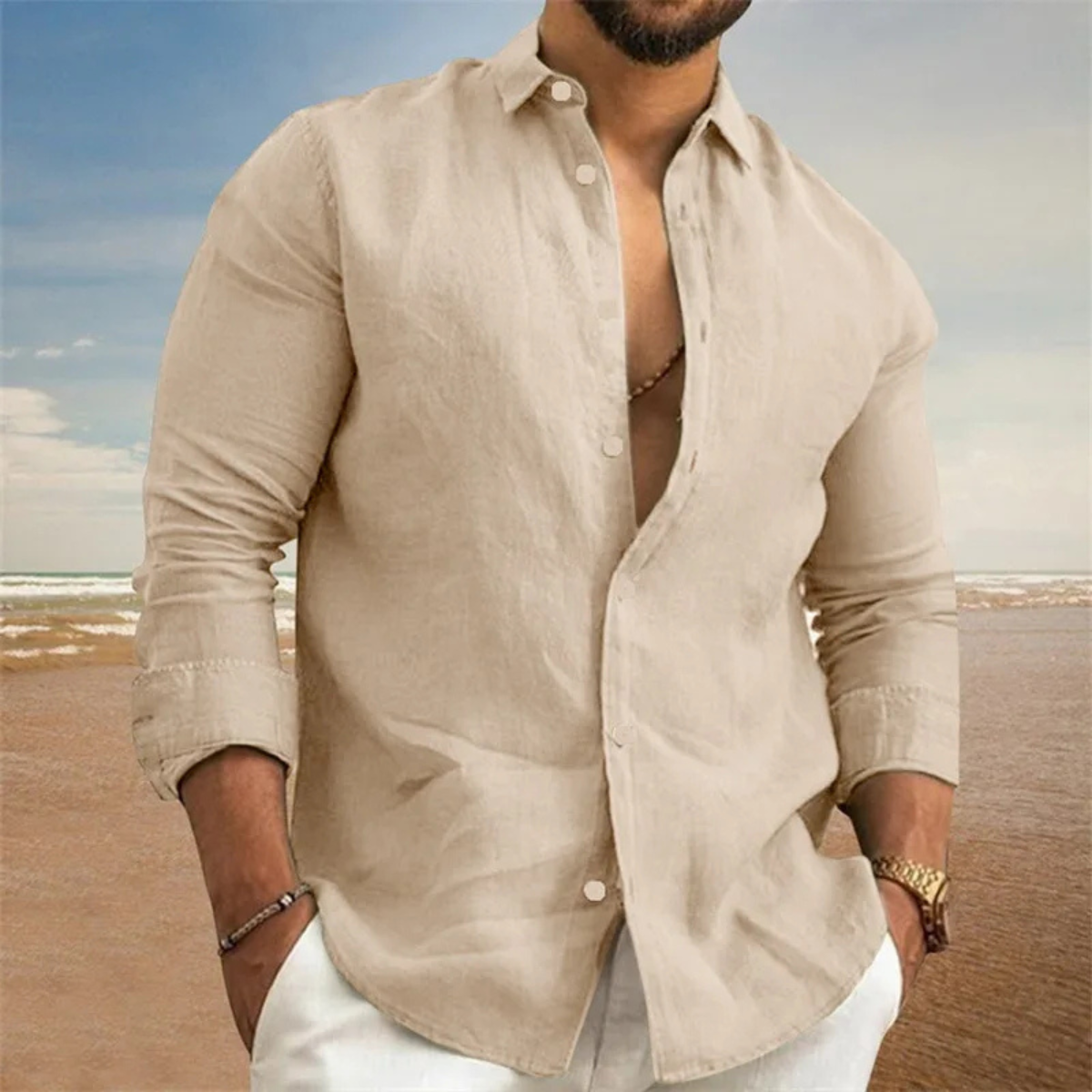 Beau | Men's Linen Button Up Shirt Light Blue Long Sleeve