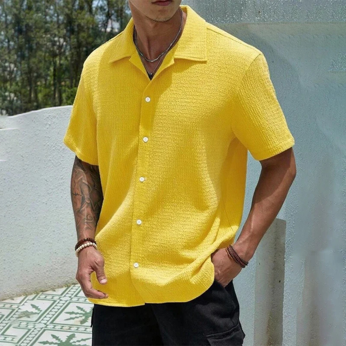 Callum | Men's White Textured Camp Collar Shirt