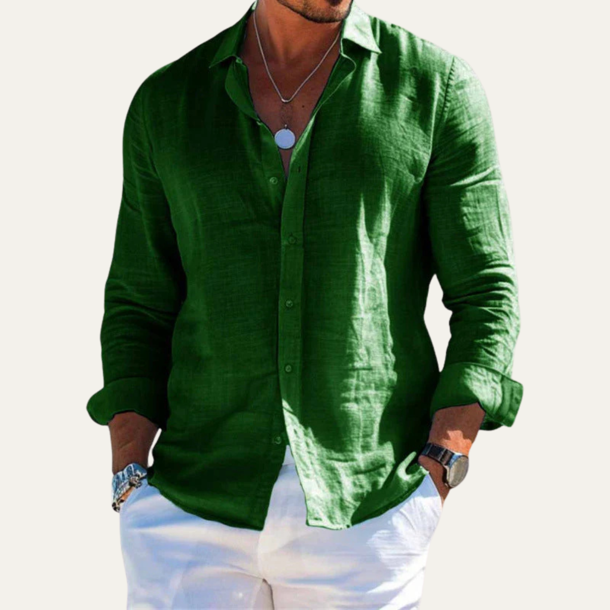 Bram | Men's Linen Shirt Green Long Sleeve Button Up