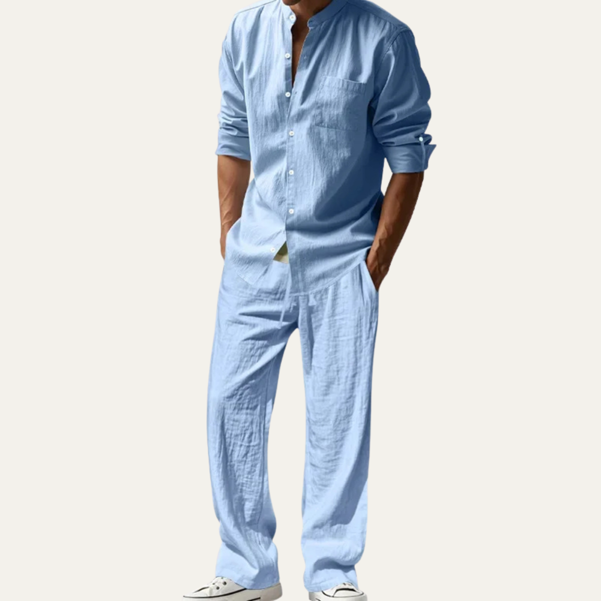 Sage | Men's Linen Lounge Set Cream Button Up Shirt Wide Leg Pants