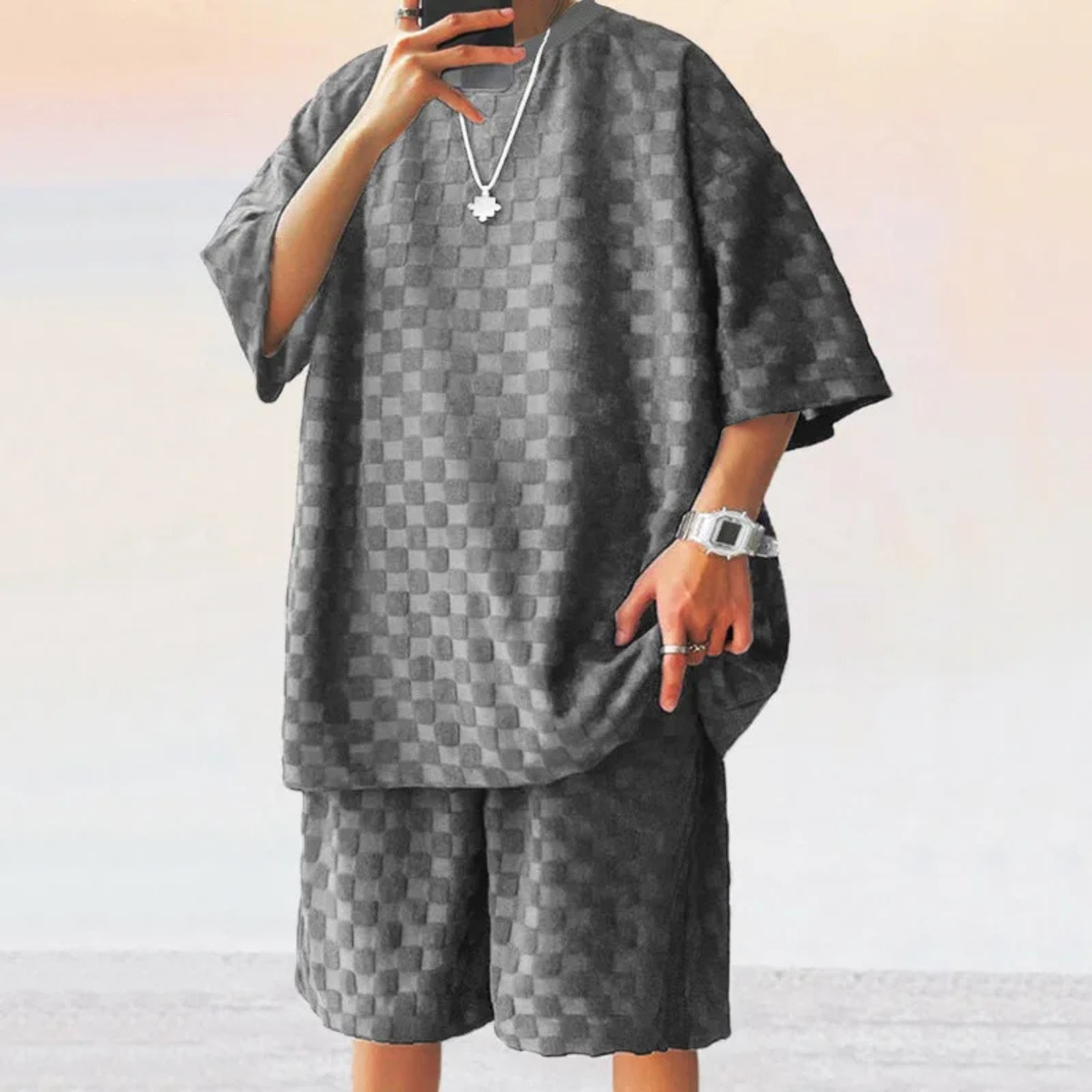 Axel | Men's Oversized Quilted T Shirt Shorts Set Cream