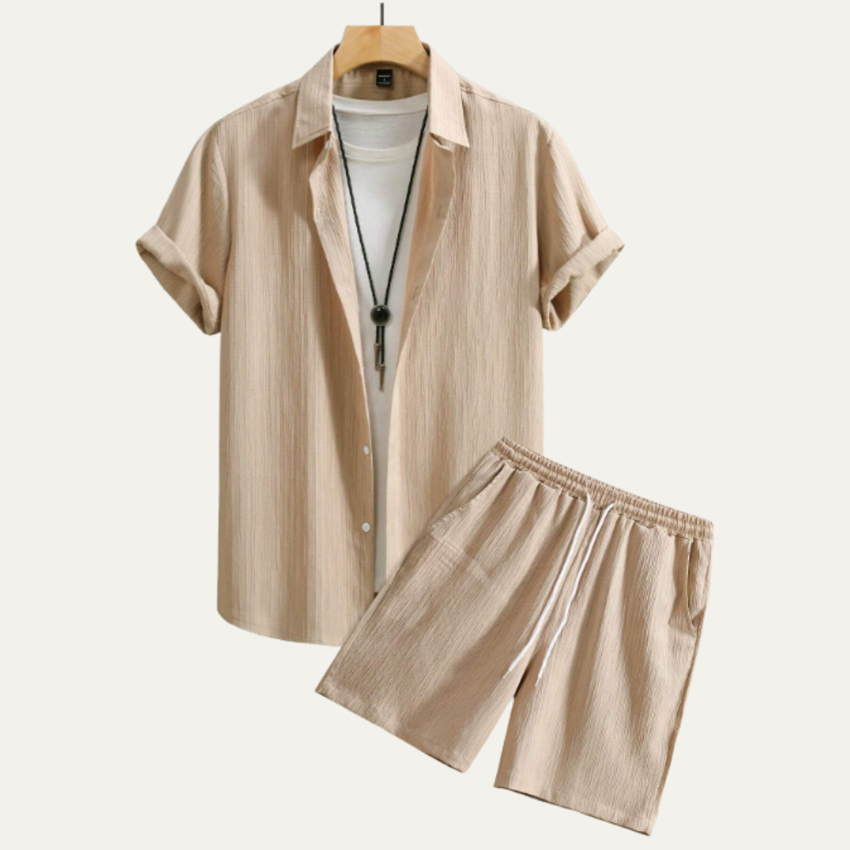 Roan | Men's Casual Linen Button Up Shorts Set Cream