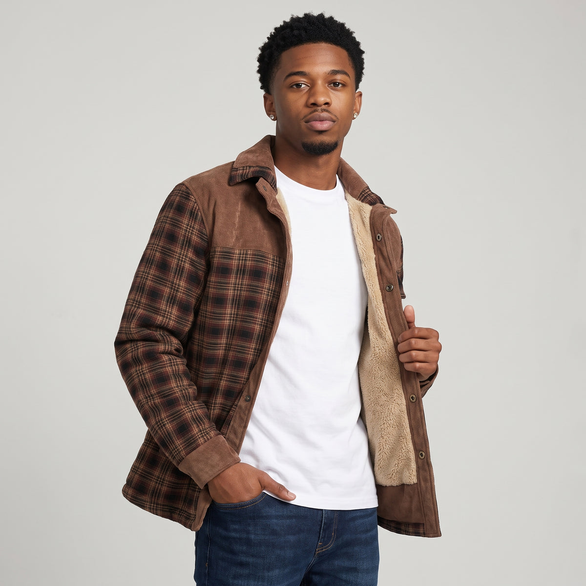 Dama Washington Bram men's sherpa lined flannel jacket brown plaid - model front view