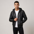 Dama Washington Voss men's leather jacket black hooded bomber - model front view