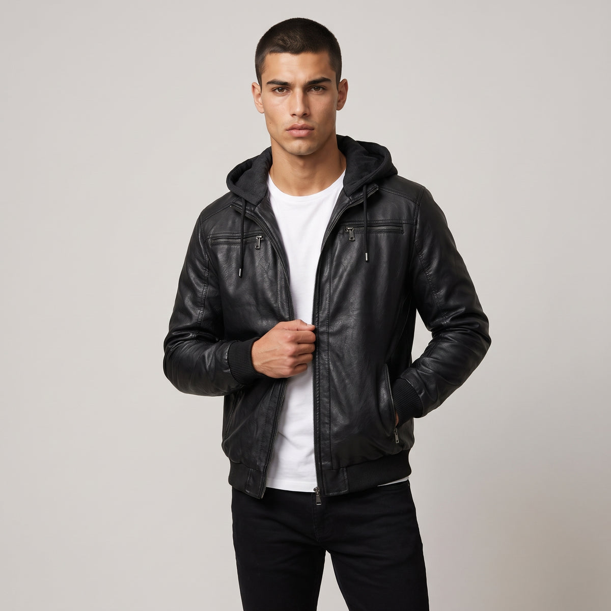 Dama Washington Voss men's leather jacket black hooded bomber - model front view