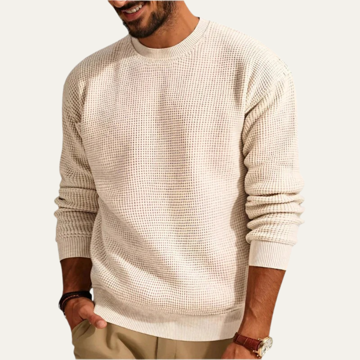 Bram | Men's Crew Neck Sweater Cream Textured Knit