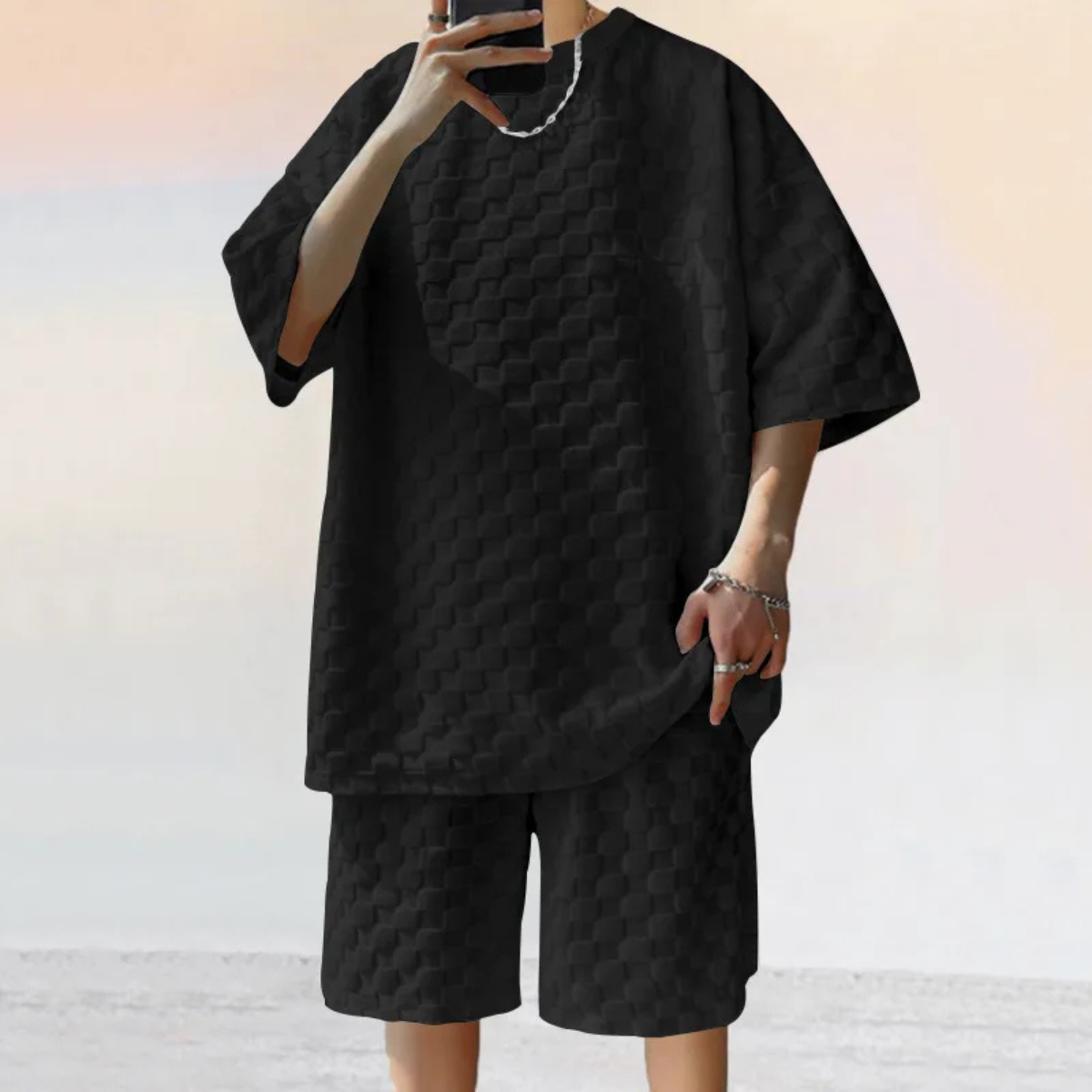 Axel | Men's Oversized Quilted T Shirt Shorts Set Cream