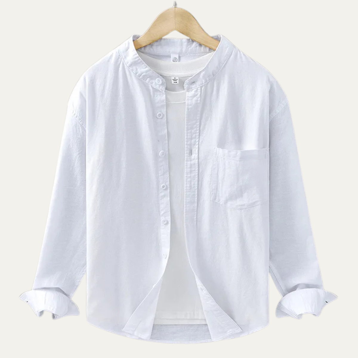 Otto | Men's Casual Linen Button Up Shirt Cream Mandarin Collar