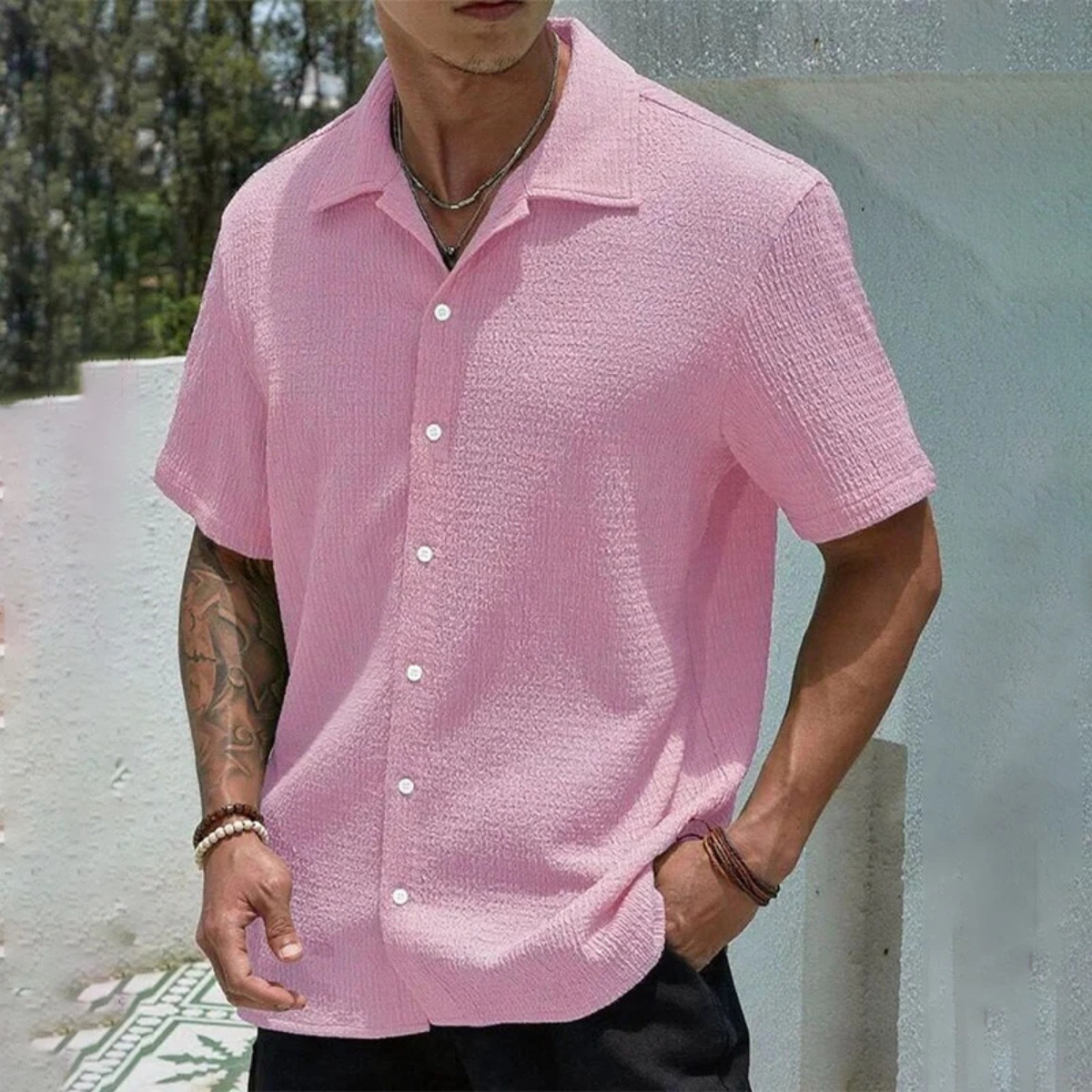 Callum | Men's White Textured Camp Collar Shirt