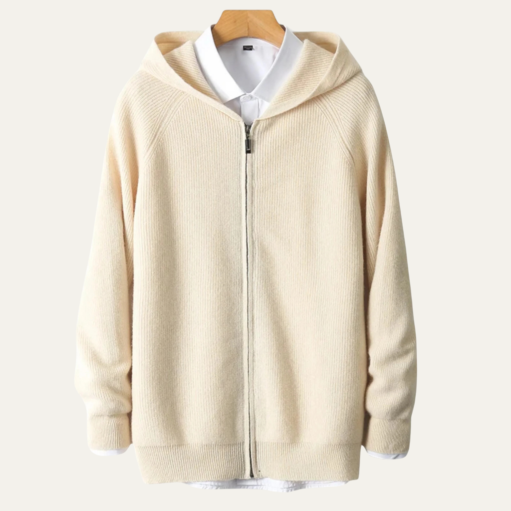 Dama Washington Sage men's zip up hoodie cream ribbed knit - front view