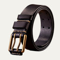Dama Washington Isla men's leather belt black double pin gold buckle - front view