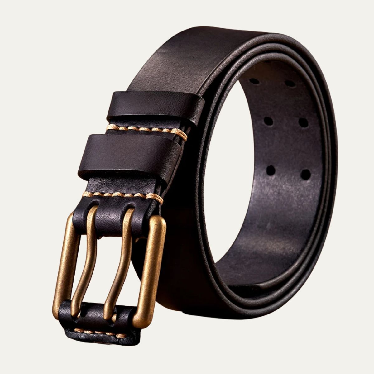 Isla | Men's Leather Belt Black Double Pin Gold Buckle