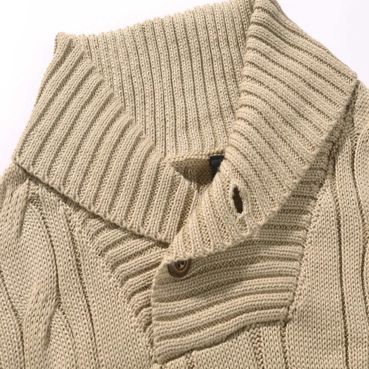 Rowan | Men's Cable Knit Shawl Collar Sweater Cream Button Neck