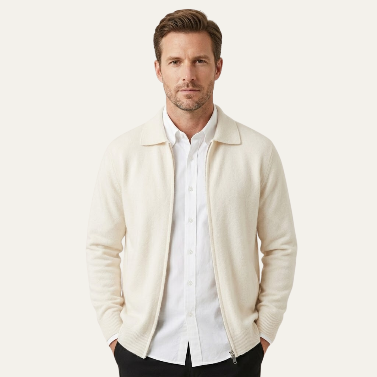 Callum | Men's Cardigan Cream Wool Blend Button Up