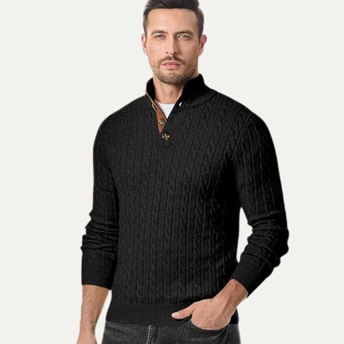 Bram | Men's Cable Knit Sweater Black Elbow Patch Quarter Zip
