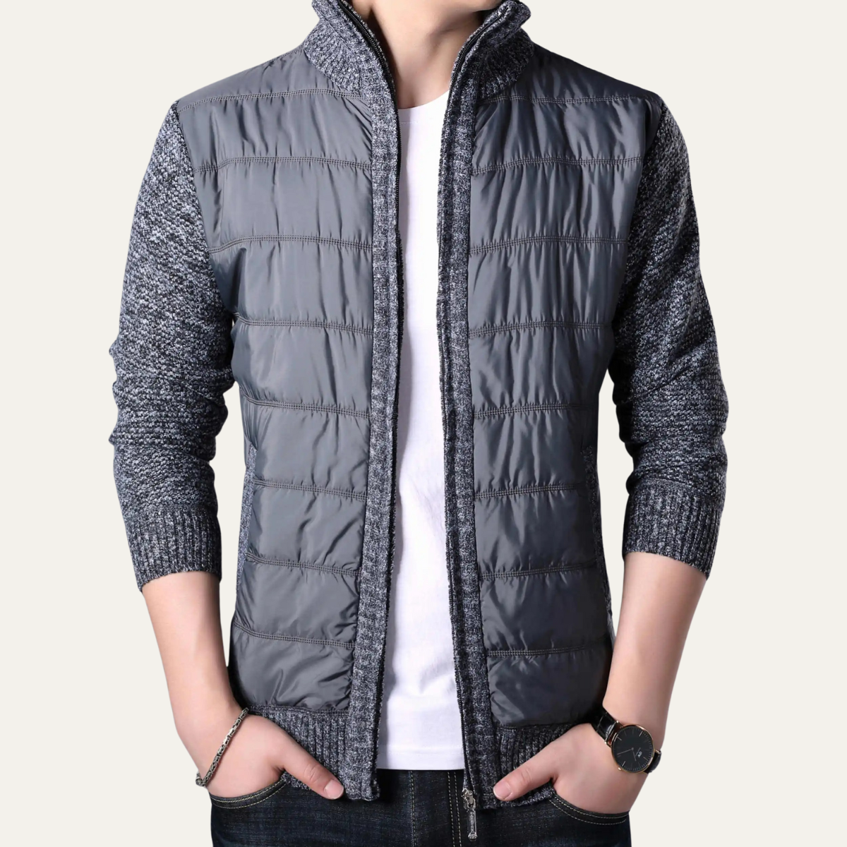 Axel | Men's Quilted Puffer Jacket Black Knit Sleeve