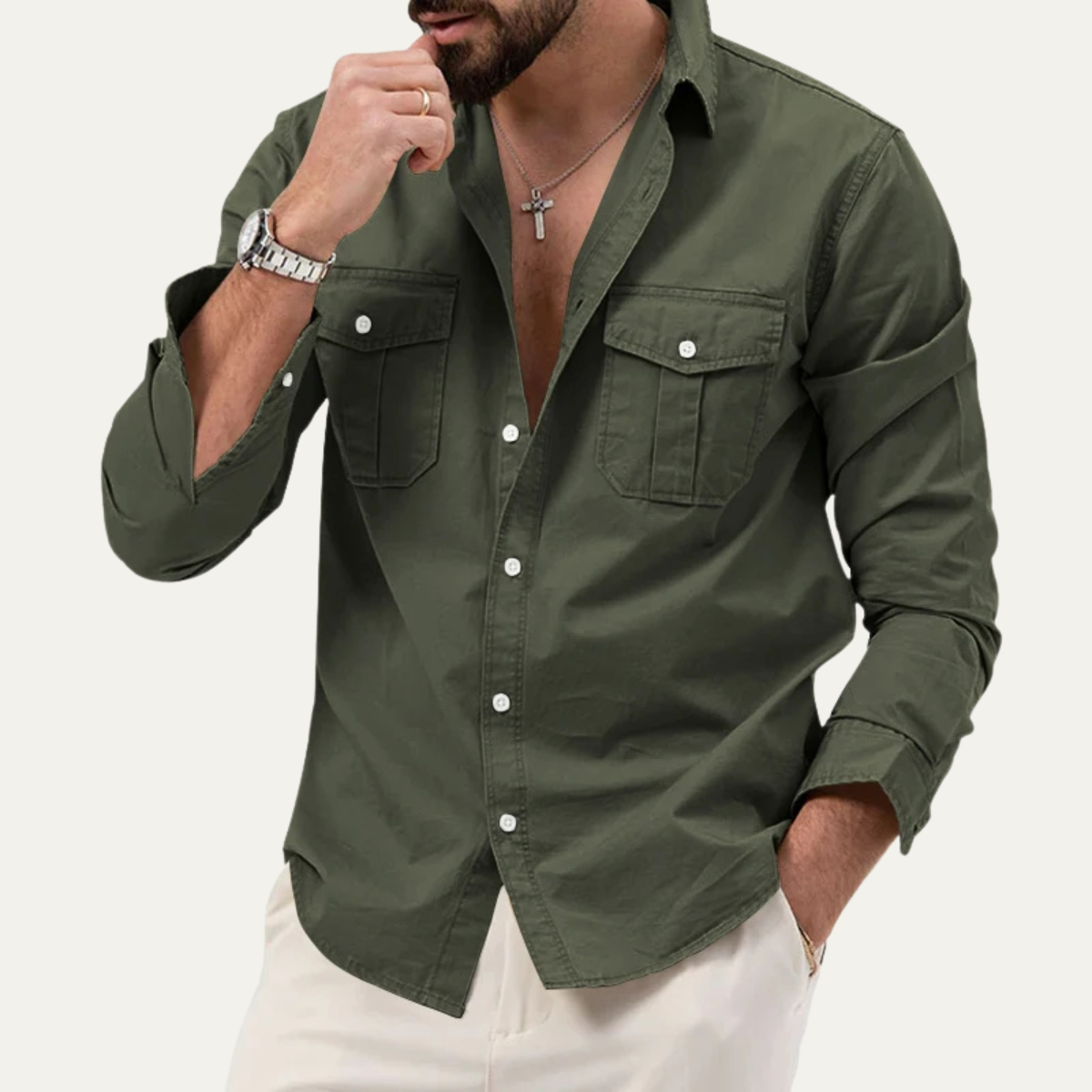 Ezra | Men's Utility Button Up Shirt Olive Long Sleeve