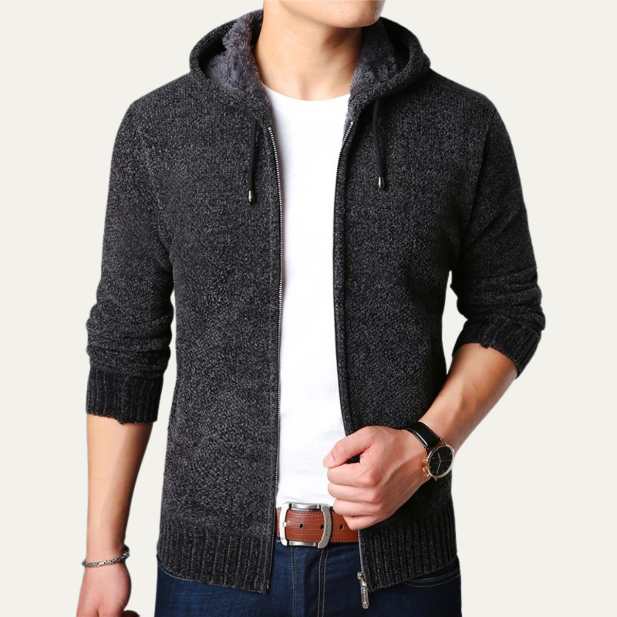 Bram | Men's Casual Zip Up Hoodie Navy Heathered Knit