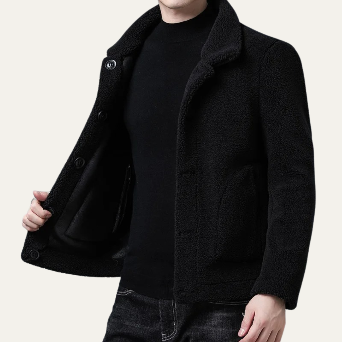 Rhys | Men's Fleece Jacket Black Textured Button Front