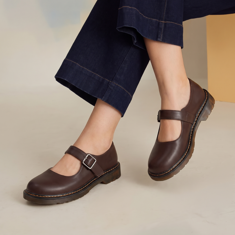 Margot | Women's Mary Jane Flat Black Leather Buckle