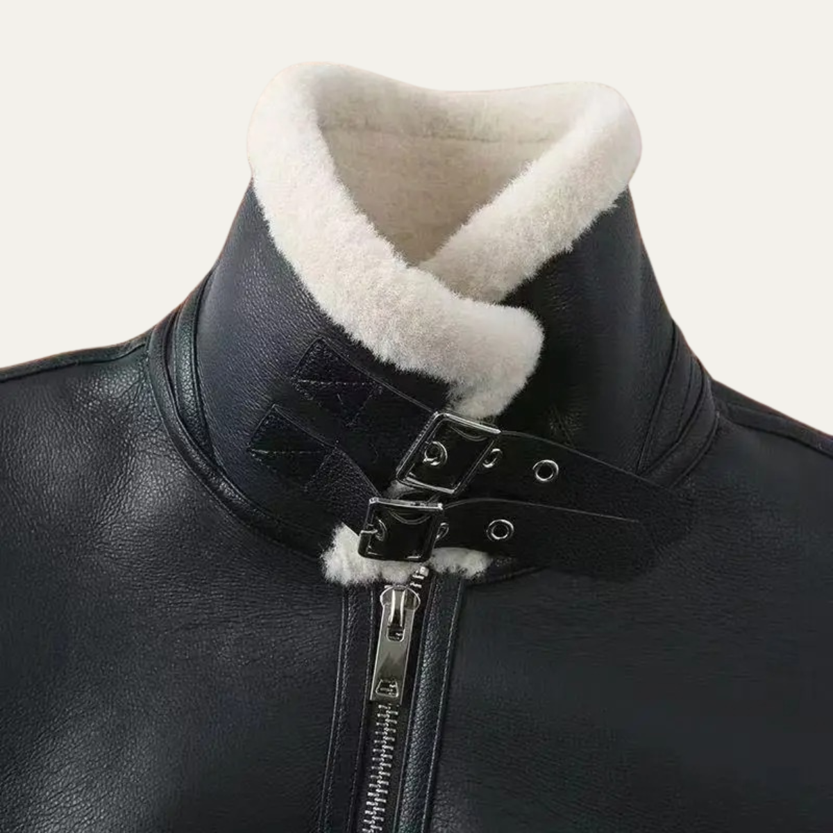 Ezra | Men's Sherpa Lined Leather Jacket Black Cream Collar