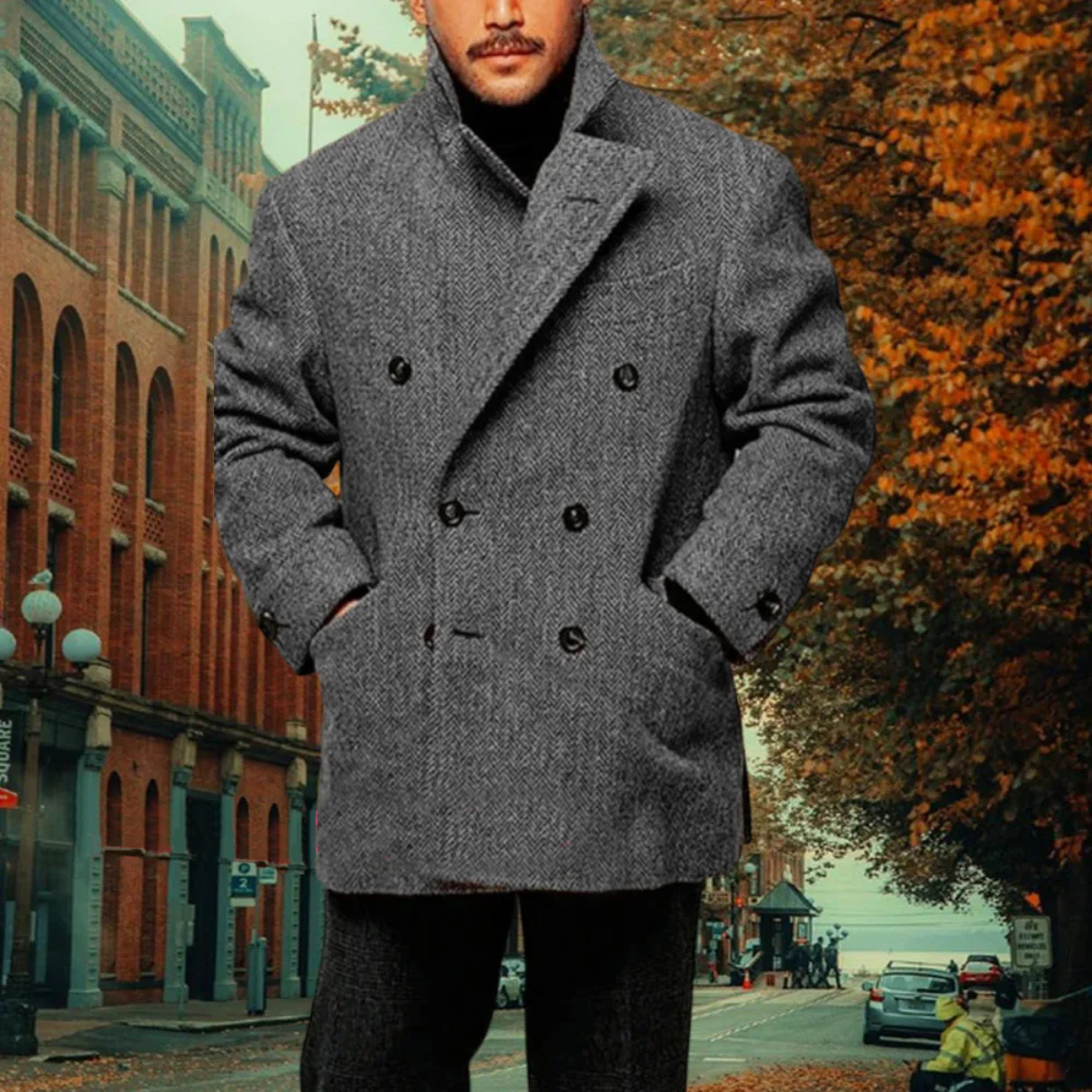 Voss | Men's Double Breasted Tweed Overcoat Gray Wool Blend