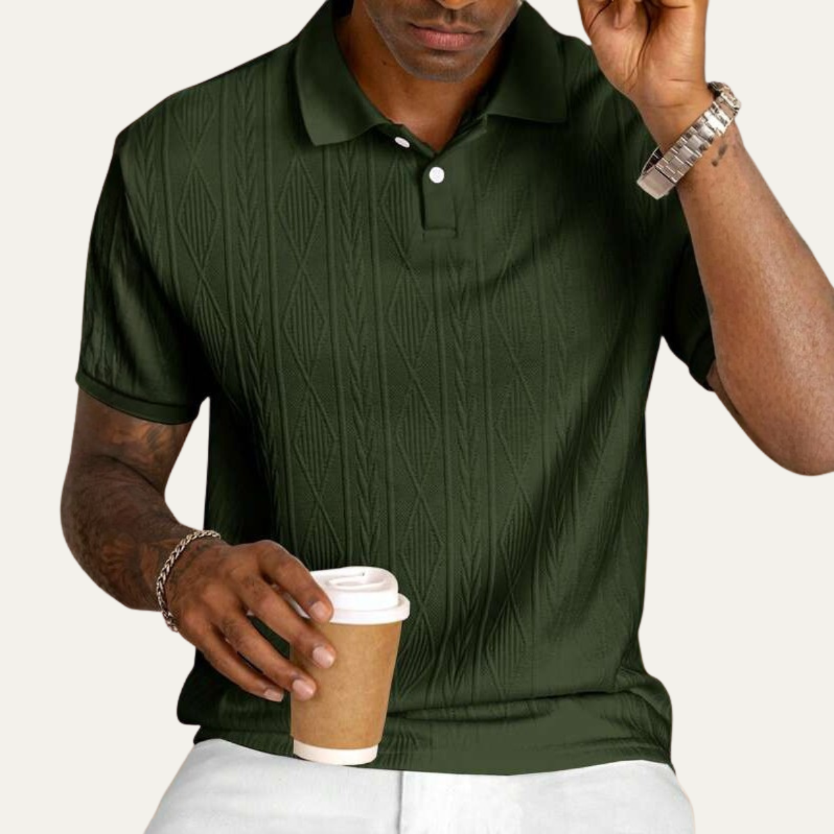 Ash | Men's Textured Polo Shirt Olive Green Short Sleeve