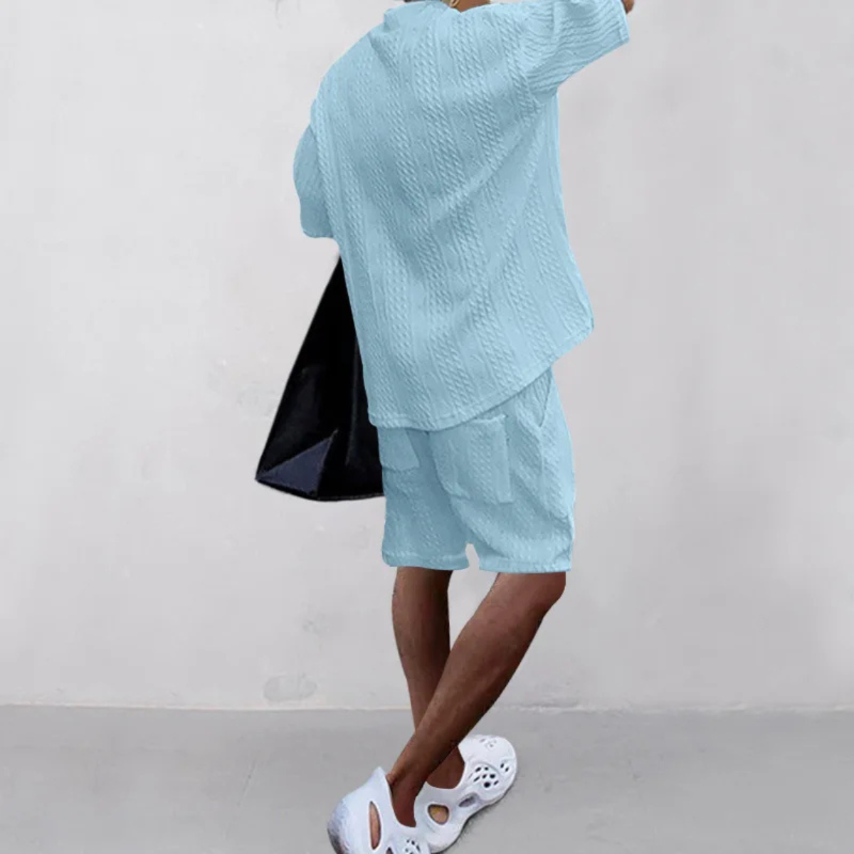 Bram | Men's Lounge Set Light Blue Cable Knit V Neck Shorts