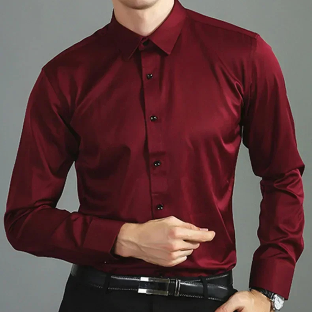 Ezra | Men's Slim Fit Button Up Dress Shirt Burgundy Long Sleeve