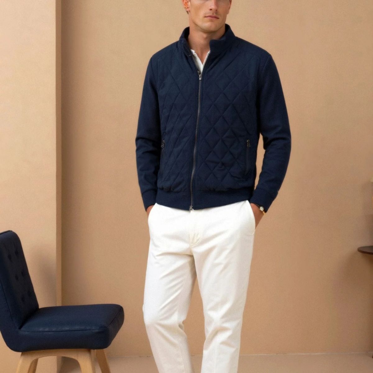 Beau | Men's Quilted Jacket Navy Blue Lightweight Zip Up