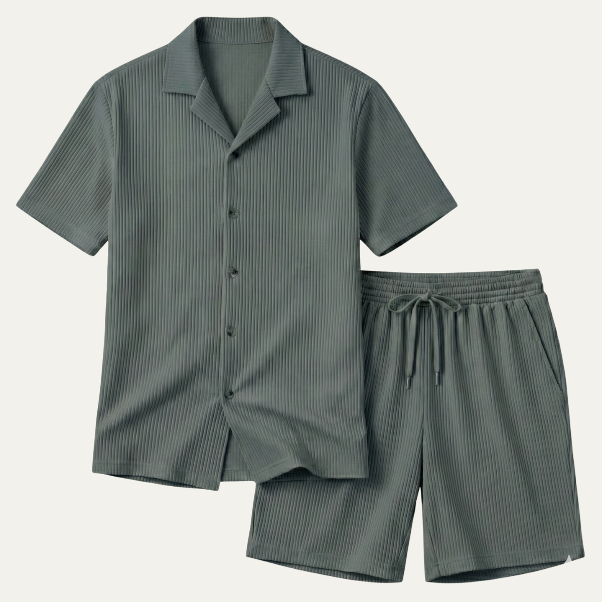Voss | Men's Lounge Set Black Ribbed Short Sleeve Shirt Shorts