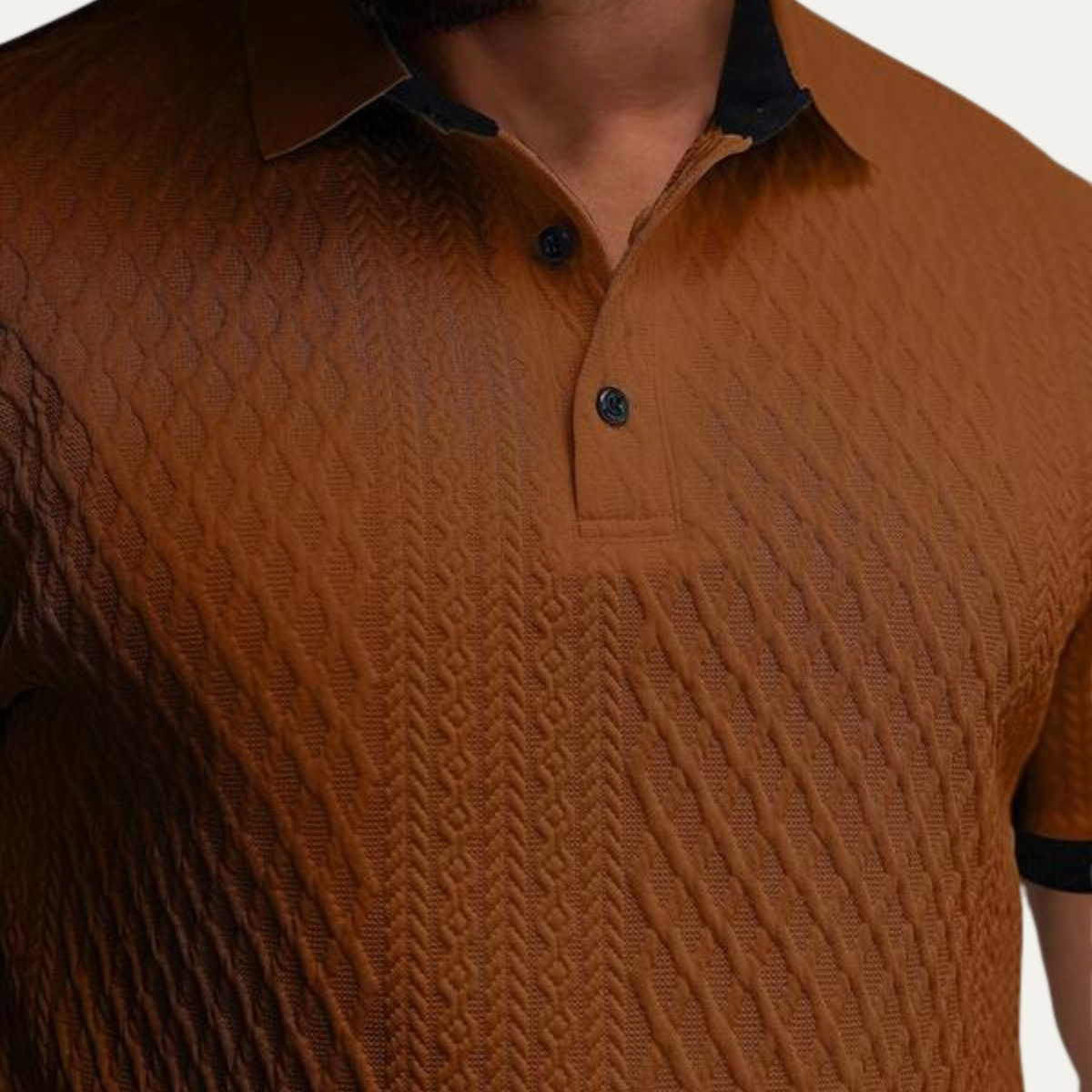 Beau | Men's Textured Polo Shirt Brown Contrast Trim