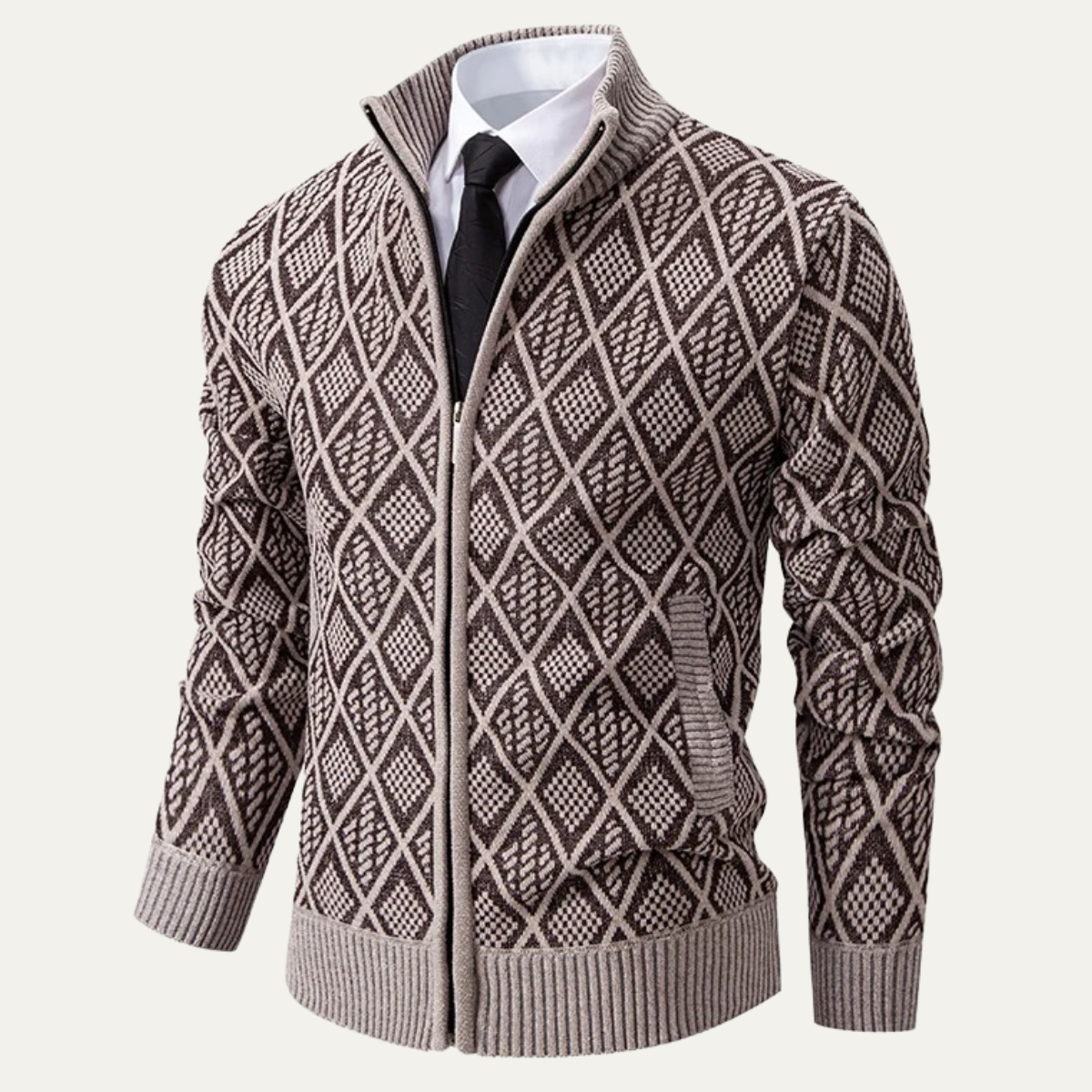 Sage | Men's Argyle Zip Up Cardigan Cream Diamond Knit