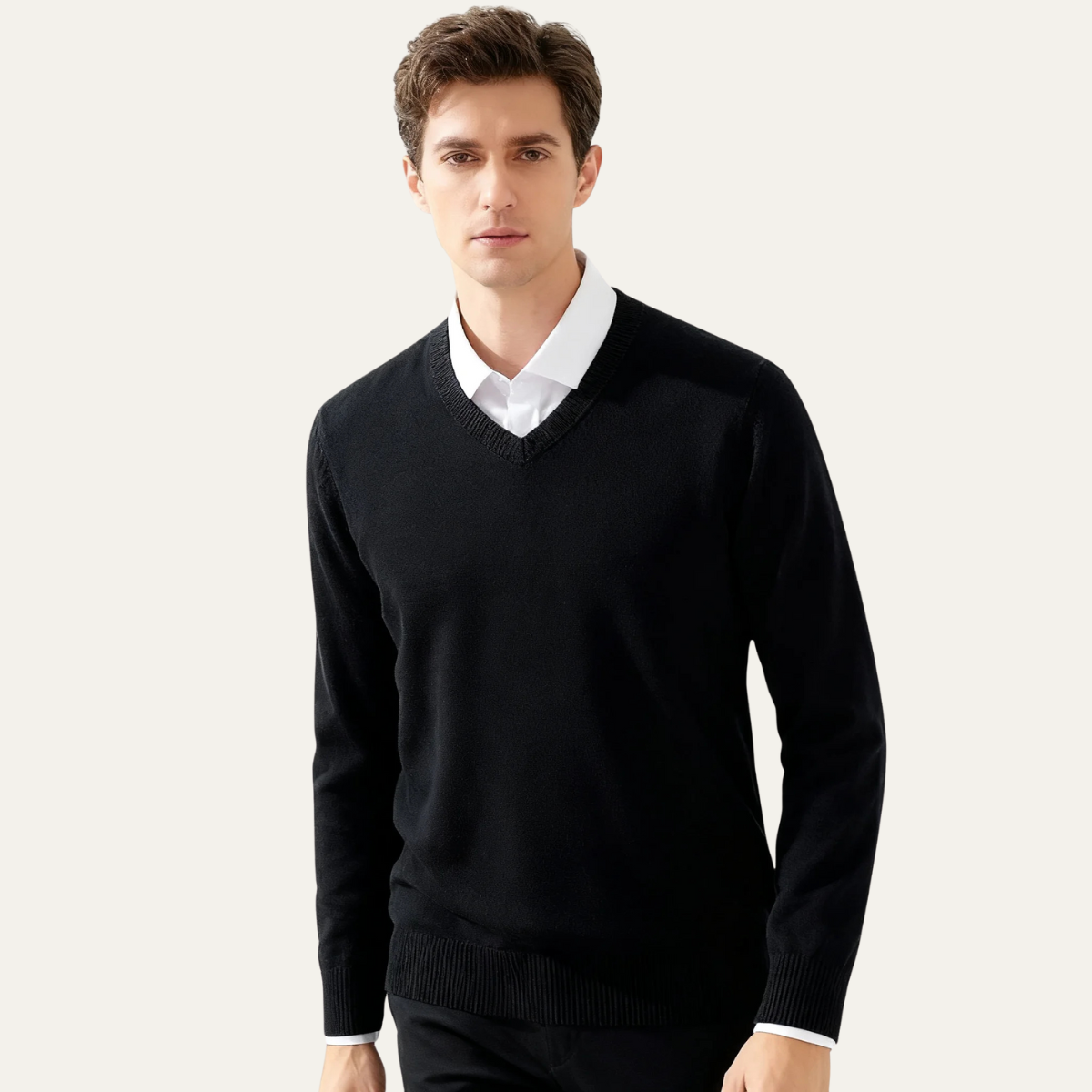 Axel | Men's V Neck Sweater Black With White Collar