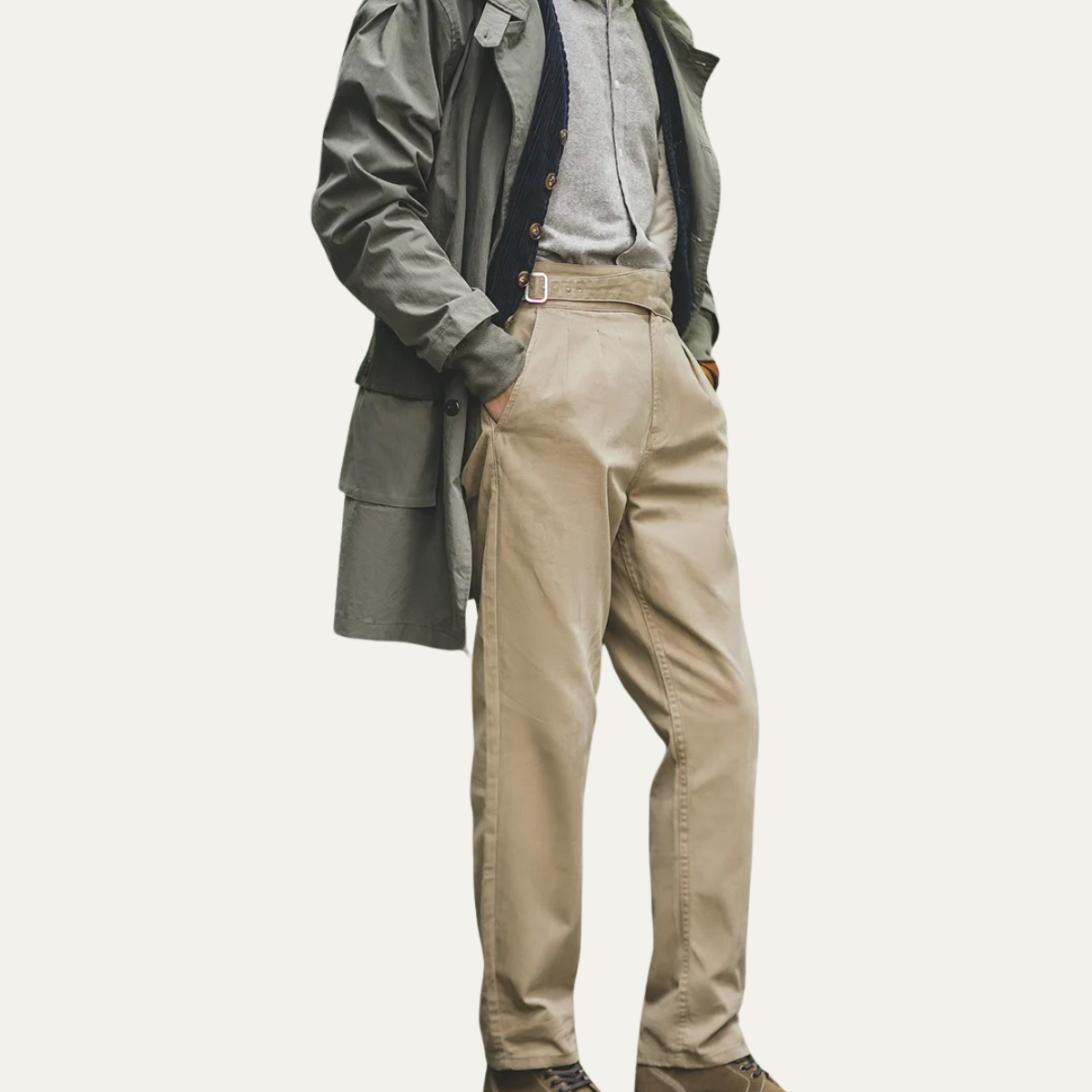Voss | Men's Pleated Tapered Chinos Beige With Belt